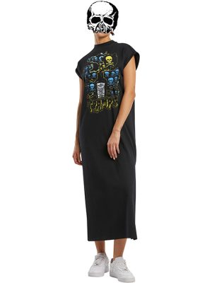 Black long T-shirt maxi dress with cap sleeves and a colourful The Cramps Strychnine skull graphic printed across the chest.