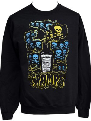 Black sweatshirt featuring The Cramps Strychnine artwork with skulls, crossbones, electric blue graphics, and a vintage poison bottle illustration.