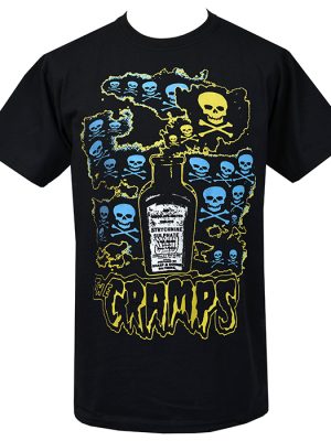 Black men’s t-shirt featuring The Cramps Strychnine artwork with skulls, crossbones, electric blue graphics, and a vintage poison bottle illustration.