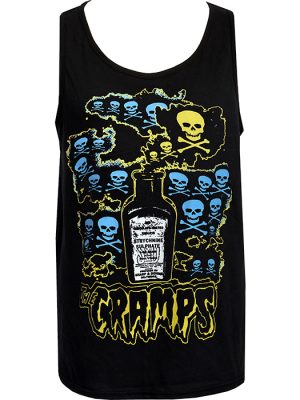Black men’s tank top featuring The Cramps Strychnine artwork with skulls, crossbones, electric blue graphics, and a vintage poison bottle illustration.