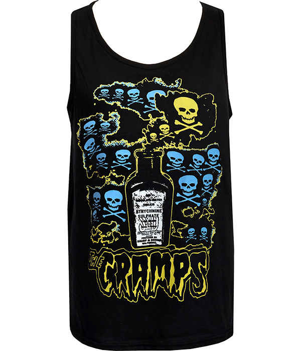Black men’s tank top featuring The Cramps Strychnine artwork with skulls, crossbones, electric blue graphics, and a vintage poison bottle illustration.