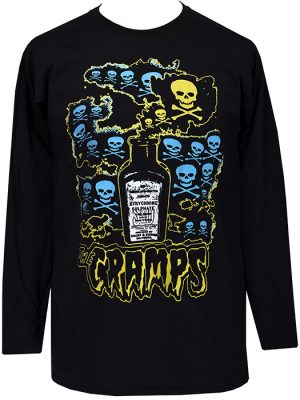 Black men’s long sleeve t-shirt featuring The Cramps Strychnine artwork with skulls, crossbones, electric blue graphics, and a vintage poison bottle illustration.