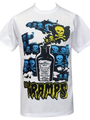 White men’s punk t-shirt featuring The Cramps Strychnine bottle graphic with skull and crossbones psychobilly artwork.