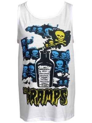 White men’s punk tank top featuring The Cramps Strychnine bottle graphic with skull and crossbones psychobilly artwork.