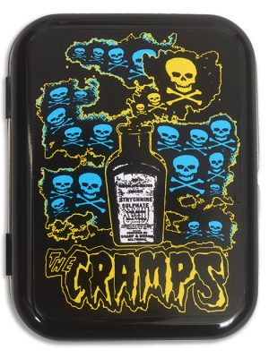 Black metal storage tin featuring The Cramps Strychnine-inspired artwork with blue skull and crossbones graphics, yellow detail and a bottle illustration.