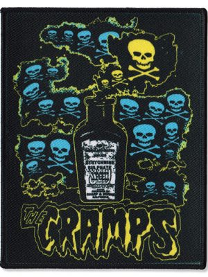 Black sew-on patch featuring skulls, a poison bottle, and The Cramps Strychnine artwork in blue and yellow on black.