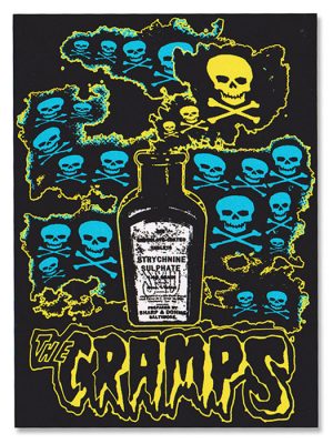The Cramps Strychnine sticker with blue and yellow skull artwork, poison bottle graphic, and bold band logo on a black background.