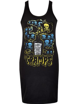 Black women’s sleeveless dress featuring The Cramps Strychnine artwork with skulls, crossbones, electric blue graphics, and a vintage poison bottle illustration.