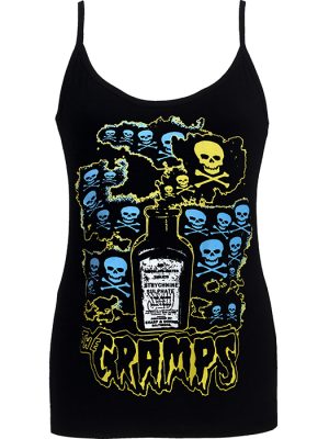 Black women’s spaghetti strap top featuring The Cramps Strychnine artwork with skulls, crossbones, electric blue graphics, and a vintage poison bottle illustration.