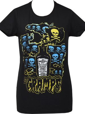 Black women’s t-shirt featuring The Cramps Strychnine artwork with skulls, crossbones, electric blue graphics, and a vintage poison bottle illustration.