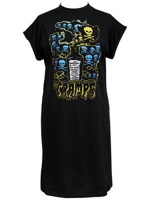 Black women’s t-shirt dress featuring The Cramps Strychnine artwork with skulls, crossbones, electric blue graphics, and a vintage poison bottle illustration.