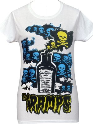 White women’s punk t-shirt featuring The Cramps Strychnine bottle graphic with skull and crossbones psychobilly artwork.