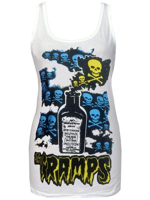 White women’s punk tank top featuring The Cramps Strychnine bottle graphic with skull and crossbones psychobilly artwork.