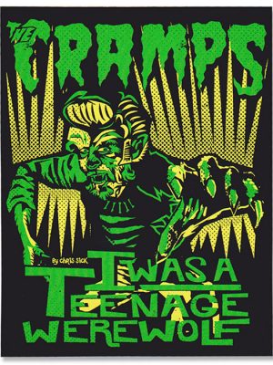 The Cramps Teenage Werewolf sticker with green monster artwork by Chris Sick, yellow background details, and black background