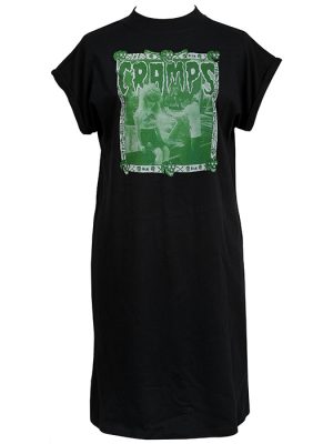 Women’s black The Cramps psychobilly punk t-shirt dress featuring a green horror-style graphic with a vintage, lo-fi print.