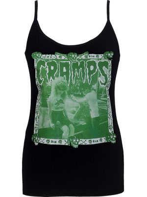 Women’s black The Cramps psychobilly punk strappy top featuring a green horror-style graphic with a vintage, lo-fi print.