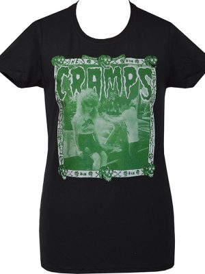 Women’s black The Cramps psychobilly punk t-shirt featuring a green horror-style graphic with a vintage, lo-fi print.