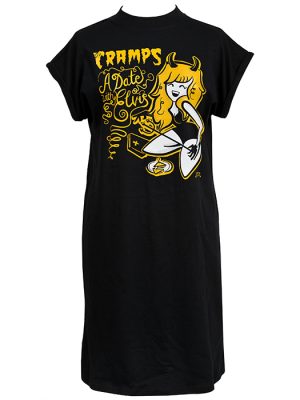 Black oversized women’s t-shirt dress with yellow and white "A Date with Elvis" devil-girl artwork by Chris Sick