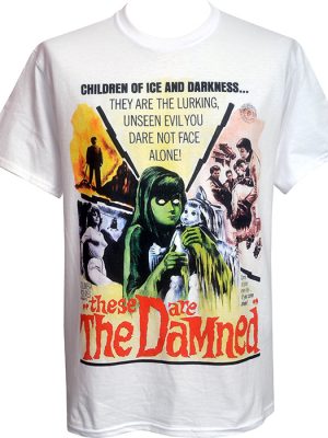 White T-shirt with colourful retro horror artwork from These Are The Damned, featuring green-skinned figure and red title text.