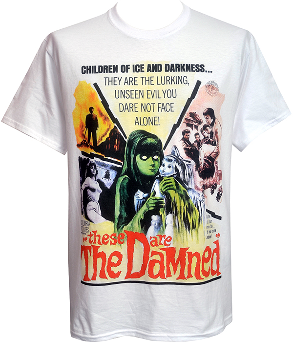 White T-shirt with colourful retro horror artwork from These Are The Damned, featuring green-skinned figure and red title text.