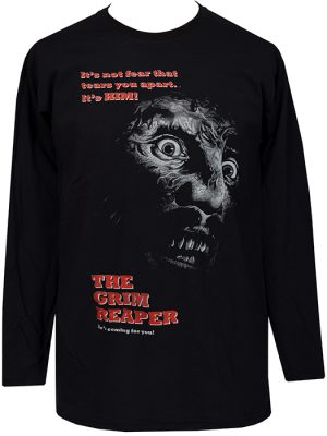 Black men’s Grim Reaper horror long sleeve t-shirt featuring a terrified face emerging from darkness with red gothic text reading “The Grim Reaper”.