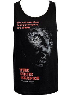 Black men’s Grim Reaper horror tank top featuring a terrified face emerging from darkness with red gothic text reading “The Grim Reaper”.