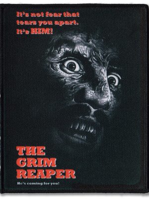 Black Grim Reaper sew-on patch with a screaming horror face in eerie lighting and red text reading “The Grim Reaper – He’s coming for you!”