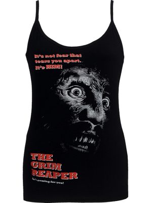 Black women’s strappy tank top featuring a Grim Reaper horror design with a terrified face and red gothic text reading “The Grim Reaper”.