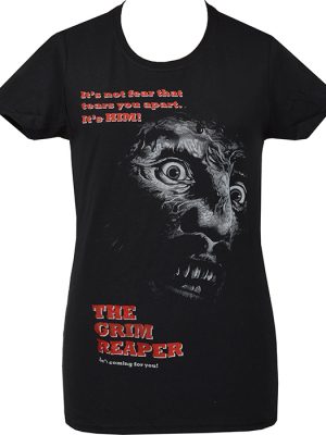 Black women’s Grim Reaper horror t-shirt featuring a terrified face with red gothic text reading “The Grim Reaper”.