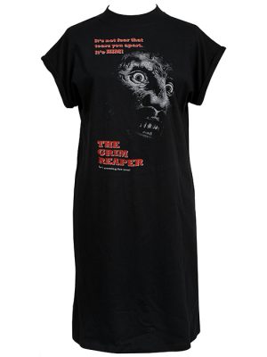 Black Grim Reaper horror t-shirt dress featuring a terrified face with red gothic text reading “The Grim Reaper”.