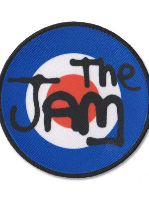 Circular The Jam mod sew-on patch with black band lettering over a red, white and blue target and black stitched border.