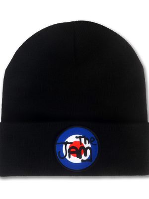 Black knitted beanie hat with folded cuff featuring a circular blue, white and red mod target patch with The Jam logo in black lettering.