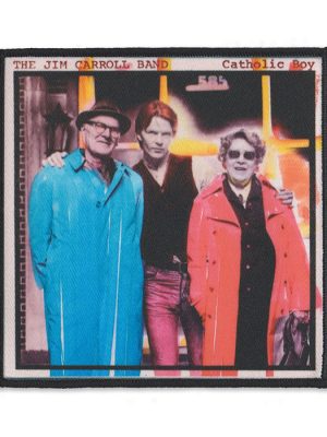 Rectangular The Jim Carroll Band Catholic Boy sew-on patch featuring the album cover photograph of three figures, including bright blue and red coats, with a black overlocked border.