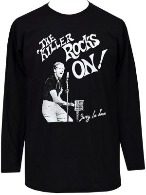 Black men’s Jerry Lee Lewis long sleeve T-shirt featuring white The Killer Rocks On lettering and a vintage image of Jerry Lee Lewis playing piano.