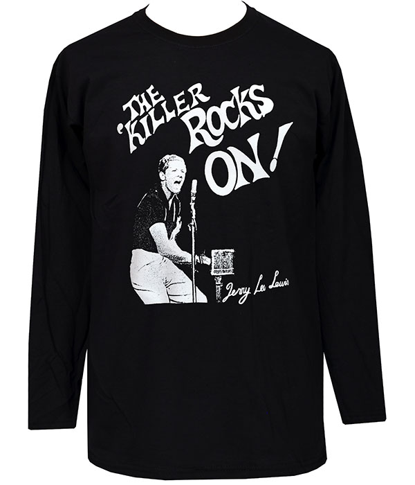 Black men’s Jerry Lee Lewis long sleeve T-shirt featuring white The Killer Rocks On lettering and a vintage image of Jerry Lee Lewis playing piano.