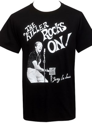 Black men’s t-shirt with a white reproduction Seditionaries-style Jerry Lee Lewis print reading “The Killer Rocks On!” with a vintage performance image.