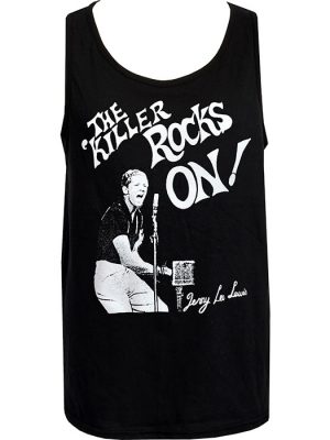 Black men’s tank top featuring white Jerry Lee Lewis The Killer Rocks On artwork with singer seated at a piano and bold vintage-style lettering.