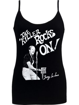 Black women’s strappy top with white Jerry Lee Lewis reproduction Seditionaries print reading “The Killer Rocks On!” and a vintage live performance image on the front.