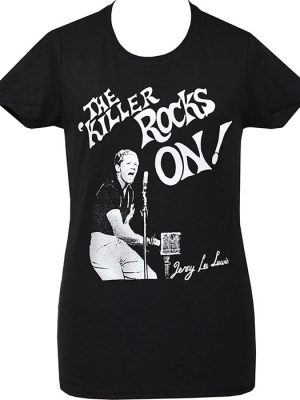 Black women’s fitted t-shirt with white Jerry Lee Lewis reproduction Seditionaries print reading “The Killer Rocks On!” with a vintage live performance image.