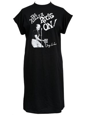 Black t-shirt dress with white Jerry Lee Lewis reproduction Seditionaries print reading “The Killer Rocks On!” and a vintage live performance image on the front.