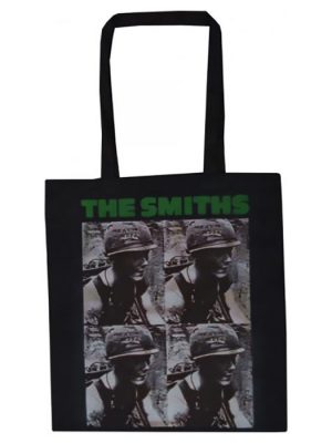 Black The Smiths Meat Is Murder tote bag featuring four-panel soldier album artwork with green band logo text.