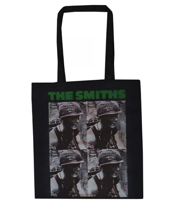 Black The Smiths Meat Is Murder tote bag featuring four-panel soldier album artwork with green band logo text.