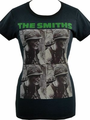 Black The Smiths Meat Is Murder women’s t-shirt featuring four-panel soldier artwork with green band logo text.