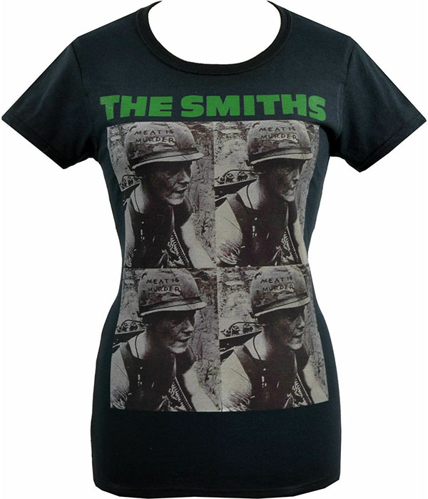 Black The Smiths Meat Is Murder women’s t-shirt featuring four-panel soldier artwork with green band logo text.