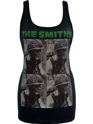 Black The Smiths Meat Is Murder women’s tank top featuring four-panel soldier album artwork with green band logo text.