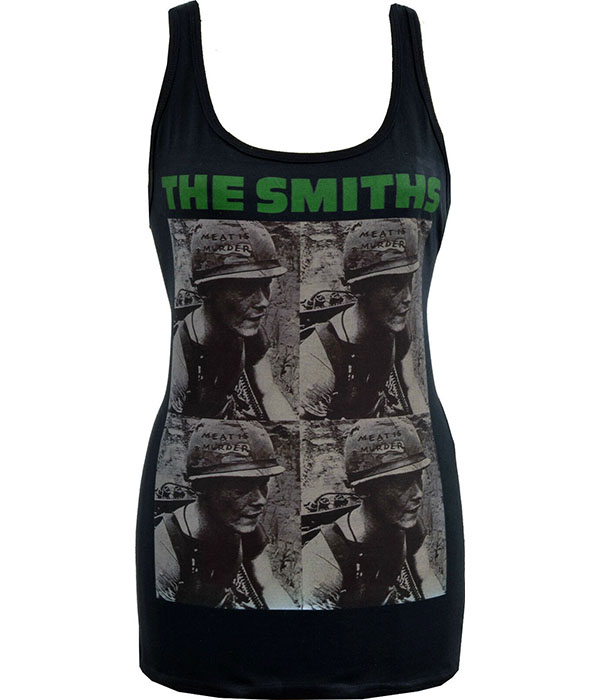 Black The Smiths Meat Is Murder women’s tank top featuring four-panel soldier album artwork with green band logo text.
