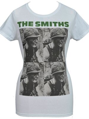 White The Smiths Meat Is Murder women’s t-shirt featuring four-panel soldier artwork with green band logo text.
