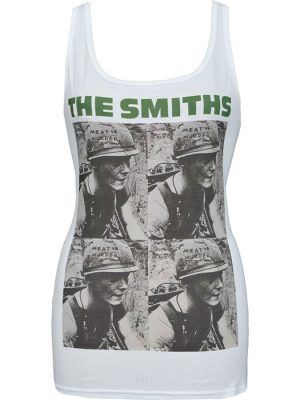 White The Smiths Meat Is Murder women’s tank top featuring four-panel soldier album artwork with green band logo text.