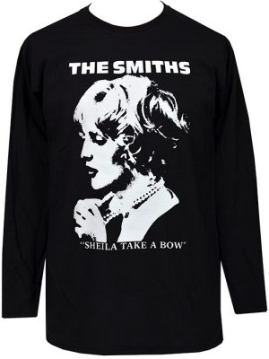 Black The Smiths Sheila Take A Bow men’s long sleeve t-shirt featuring white monochrome portrait graphic, band logo and song title text.