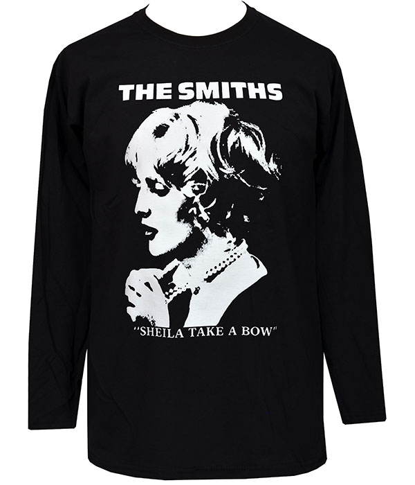 Black The Smiths Sheila Take A Bow men’s long sleeve t-shirt featuring white monochrome portrait graphic, band logo and song title text.